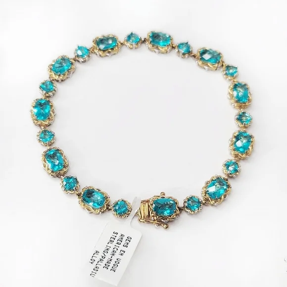 Gems En Vogue | NWT 8" Cushion Cut Paraiba Topaz 18k Gold Sterling Line Bracelet - Picture 3 of 9